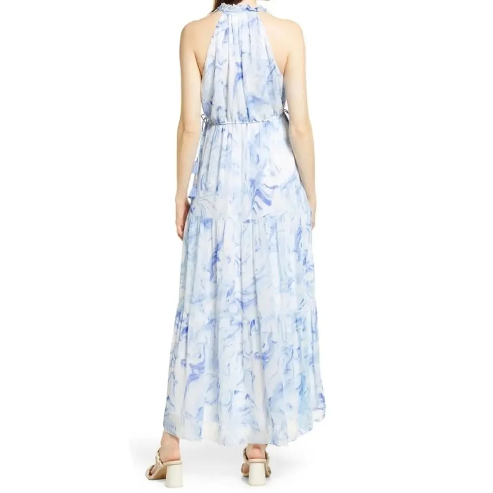 NWT Saylor Annela Sleeveless Tiered Ruffle Midi Dress M in Marble Blue White